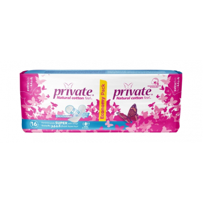 PRIVATE NATURAL COTTON EXTRA THIN BREATHABLE FEMININE PADS — 16 FEMININE PADS SUPER WITH WINGS